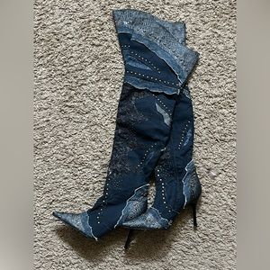Above knee slim fit denim boots never worn  7.5 3.5inch heel
